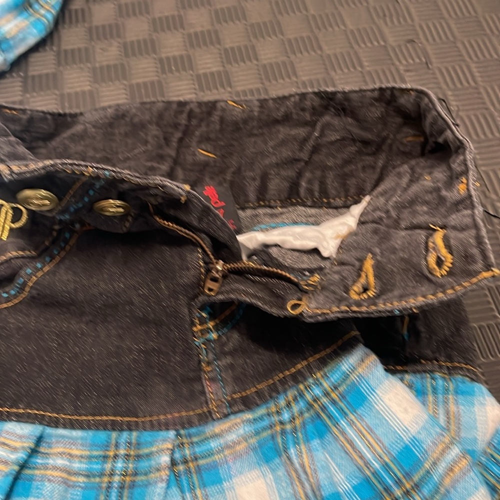 Pelle Pelle black jean skirt with blue & white flannel matching ruffled top sz 7 - Picture 7 of 13
